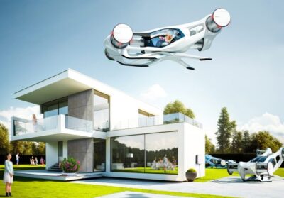 A flying taxi spins and moves in any direction A flying taxi spins and moves in any direction